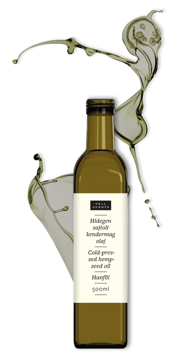 500 ml-es Cell-Scents hidegen sajtolt kendermagolaj üvege, a háttérben művészi olajcseppekkel, amely a tiszta, vegyszermentes minőséget szimbolizálja.