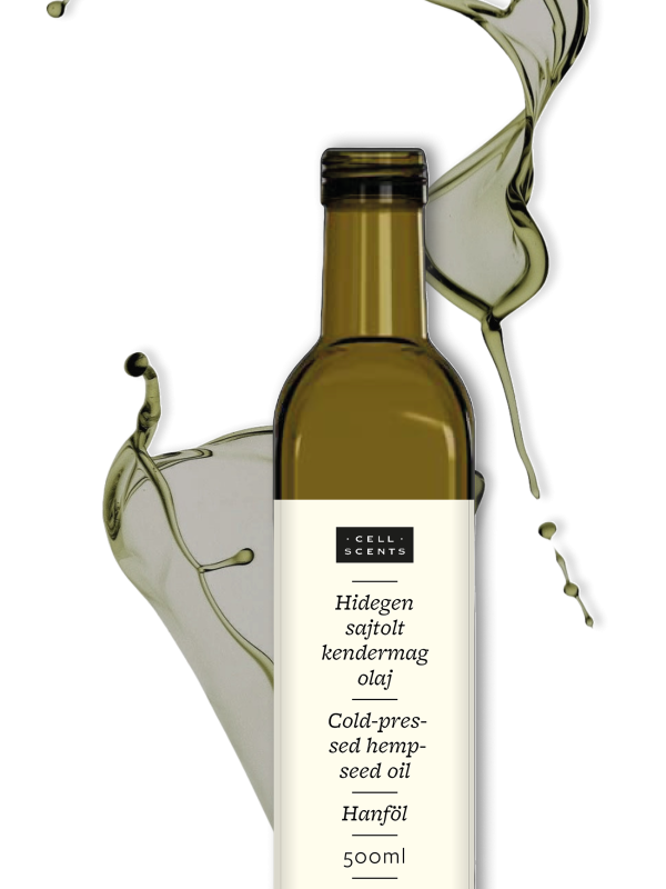 500 ml-es Cell-Scents hidegen sajtolt kendermagolaj üvege, a háttérben művészi olajcseppekkel, amely a tiszta, vegyszermentes minőséget szimbolizálja.