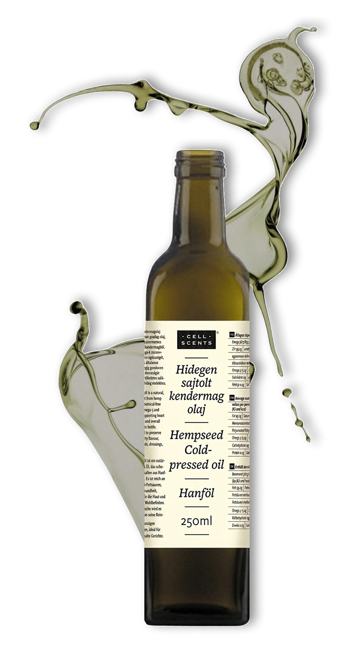 Hidegen sajtolt kendermagolaj 250 ml-es üvegben, körülötte kifröccsenő olajjal